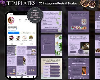 70 Vorlagen für ätherische Öle | 35 Instagram Posts und 35 Stories | Bearbeitbare Canva Vorlage | Inhalt für Aromatherapie & Wellness