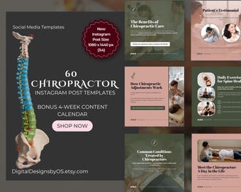 60 Chiropractor Instagram Post Templates | Social Media Canva Templates + Bonus Content Calendar