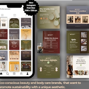 May include: A collection of 150 Instagram post and story templates for eco-friendly beauty and body care brands. The templates feature a variety of designs with a rustic aesthetic, including images of natural ingredients, products, and text overlays. The text on the templates includes phrases like "Why Go Green?", "Behind the Scenes", "Ingredient Highlight", "What Makes Our Products Eco-Friendly?", "Customer Favorites", "Body Care Edition", "Follow Along for More Inspiration", "Quiz: What's Your Signature Scent", and "Perfume Layering Tips".