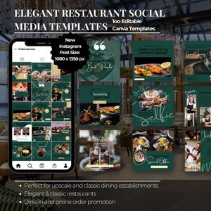 100 elegantes plantillas de redes sociales para restaurantes / Plantillas clásicas de Canva para pedidos en línea y en el restaurante para Instagram e Historias