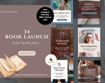 34 plantillas de Canva para Instagram para lanzamientos de libros / Publicaciones de marketing para autores, escritores y editores / Plantillas editables de promociones, cuentas regresivas y citas
