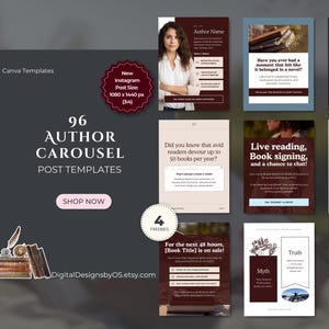 96 Author Social Media Canva Templates | Engaging Carousel Instagram Posts for Writers, Book Coaches & Self-Published Authors