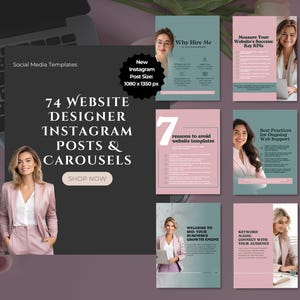 74 Website Designer Instagram Posts and Carousels | Editable Canva Templates for Web Design & Developers | Social Media Marketing Kit