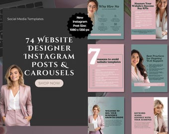 74 Website Designer Instagram Posts and Carousels | Editable Canva Templates for Web Design & Developers | Social Media Marketing Kit