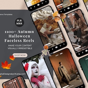 May include: A promotional image for Canva templates featuring autumn and Halloween-themed faceless reels. The image showcases several smartphones displaying various autumn and Halloween-themed content, with text overlaying the image. The text includes "1100+ Autumn Halloween Faceless Reels".