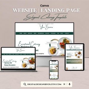 Può includere: Un mockup di una pagina di destinazione di un sito web per un'azienda di catering. Il sito web è progettato in uno stile moderno e minimalista con uno schema di colori verde e bianco. Il sito web presenta immagini di cibo, testimonianze e una call to action per contattare l'azienda.