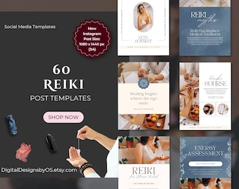 60 Reiki Instagram Post Templates | Editable Content for Healers, Energy Workers & Wellness Coaches | Aesthetic Canva Templates