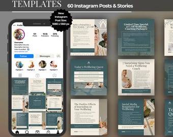 60 Ganzheitliche & Wohlbefinden Coach Social Media Canva Vorlagen | Wellness Instagram Posts und Stories | Achtsamkeitscoach für Gesundheit