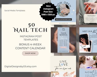 50 Nail Tech Instagram Post Templates + Bonus Content Calendar | Editable Canva Templates | Nail Salon Social Media