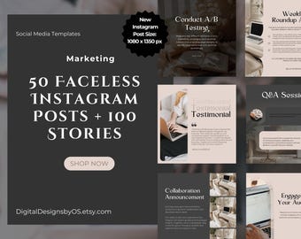 50 Faceless Marketing Instagram Posts + 100 Stories | Wachsen Sie Ihr Publikum, fördern Sie effektiv und binden Sie es ein | Anpassbare Canva Vorlagen