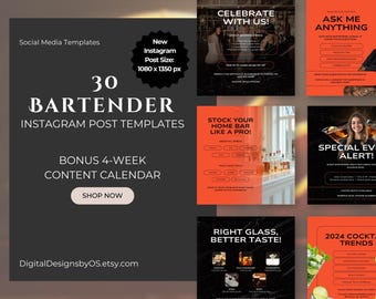 30 Bartender Instagram Post Templates + Bonus Content Calendar | Editable Canva Designs for Bars, Mixologists, Cocktail Promotions