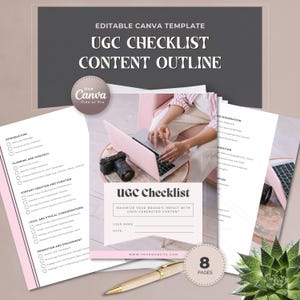 May include: A pink laptop, camera, and pen are arranged with a UGC checklist template. The template includes sections for planning, content creation, and legal considerations. The text reads "UGC Checklist Content Outline" and "Maximize Your Brand's Impact With User-Generated Content."