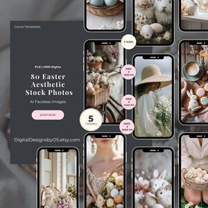 May include: A promotional image for "80 Easter Aesthetic Stock Photos" with AI faceless images. The image features a dark gray background with text and several mock-up phone screens displaying Easter-themed photos. The photos include eggs, bunnies, and floral arrangements.