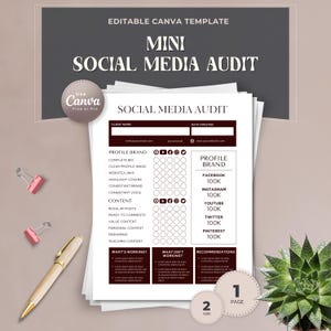 May include: A stack of white paper with a "Mini Social Media Audit" template. The template includes sections for profile brand, content, and recommendations. A gold pen and pink binder clips are on the side.