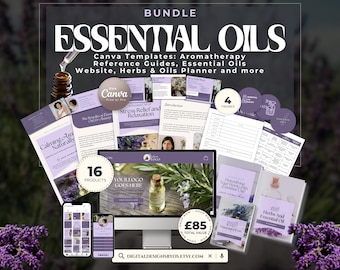 Paquete de aceites esenciales y aromaterapia / Plantillas de Canva para marcas de bienestar, herbolarios y salud natural