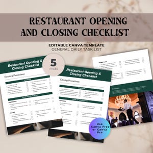 Restaurant Opening and Closing Checklist Canva  Template | 5-Page Editable Hospitality Guide | Cafe & Food Service Daily Operations PDF