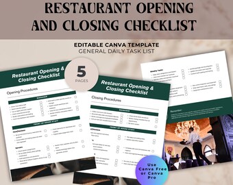 Checkliste für das Öffnen und Schließen eines Restaurants Canva Template | 5-seitiger bearbeitbarer Gastfreundschaftsleitfaden | PDF zum täglichen Betrieb des Cafe & Food Service