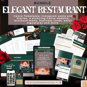 Paquete completo y elegante para negocios de restaurantes: plantillas de Canva, planificador de negocios, kit de redes sociales, sitio web de Canva y más