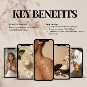 Key benefits: 
Professional & Aesthetic
Ready to use and easy  to personalize
Versatile & Customizable

What You’ll Get:
25 body care stock photo ( 1080 x 1920 px).
25 body care post size ( 1080 x 1350 px )
Dropbox link for direct G downloads ( 1080 x 1920 px).
Canva Guide