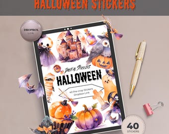40 Halloween Digital Stickers | Pre-Cropped PNG Spooky Stickers for Goodnotes, Digital Planners, Canva, Social Media Stories & More