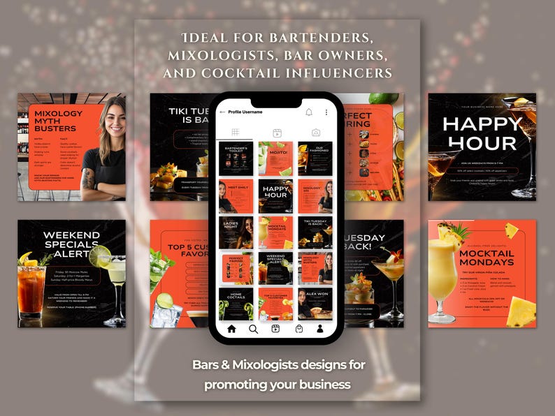 Ideal for bartenders, mixologists, bar owners, and cocktail influencers.
Whether you're promoting happy hour specials, signature cocktails, or bar events, these templates are perfect for making your social media stand out.