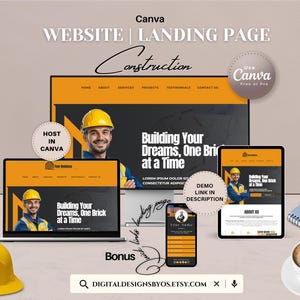 May include: A digital design showcasing a construction-themed website landing page. The design is displayed on a laptop, tablet, and smartphone, with a yellow hard hat and a coffee cup with a heart-shaped design. The text includes "Building Your Dreams, One Brick at a Time."