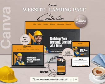Construction Website Canva Template | Editable Contractor Landing Page | Builder & Construction Company Website
