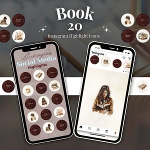 Pode incluir: Dois smartphones exibindo ícones de destaque do Instagram com tema de livro. Os ícones são circulares com ilustrações em aquarela de livros, pessoas lendo e xícaras de café. O texto "Book 20 Instagram Highlight Icons" está no topo.