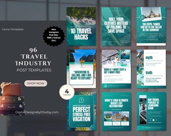 96 Travel Industry Instagram Post Canva Templates | Editable Carousel Posts for Travel Agents and Bloggers | Tourism Marketing Content