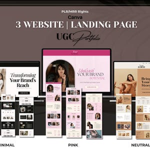 3 Pacote de site UGC Portfolio Canva | Páginas de destino com temas rosa, neutro e minimalista | Licenciado PLR e MRR