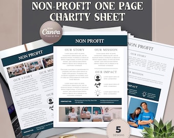 Non-Profit One Page Charity Blatt | 5 bearbeitbare Canva-Vorlagen | Organisationsübersicht | Fundrowing-Profil | Flyer für gemeinnützige Projekte