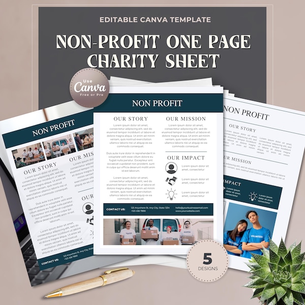 Hoja de una página para organizaciones benéficas sin fines de lucro / 5 plantillas editables de Canva / Descripción general de la organización / Perfil de recaudación de fondos / Folleto para organizaciones benéficas sin fines de lucro
