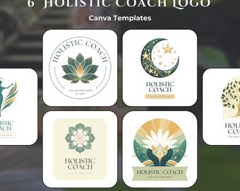 6 modèles de logo de coach holistique | Design de logo canva modifiable pour marques de bien-être et de spiritualité | Kit de branding pacifique