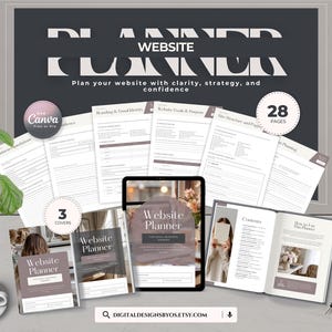 May include: A website planner with a dark gray background and the text "WEBSITE PLANNER". The planner includes 28 pages and 3 covers. The image also includes a tablet, a pen, and a cup of coffee.