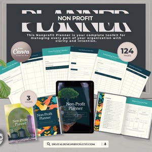 May include: A Non-Profit Planner with 124 pages, displayed with three covers and a tablet. The planner includes a grant tracking calendar and other organizational tools. The text on the planner reads "Non Profit Planner".