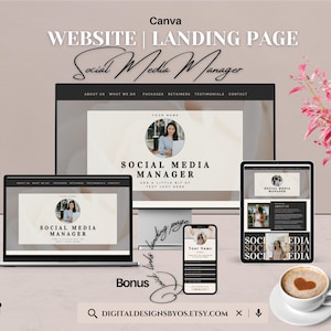 Social Media Manager Canva Sito web / Design della landing page modificabile / Completamente personalizzabile con 13 sezioni essenziali / Bonus Quick Landing Page