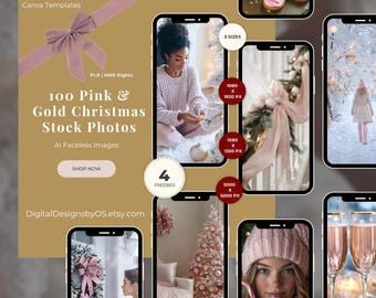 100 Pink & Gold Christmas AI Stock Photos | Elegant Holiday Canva Bundle for Bloggers, Coaches and Content Creators | PLR and MRR Rights