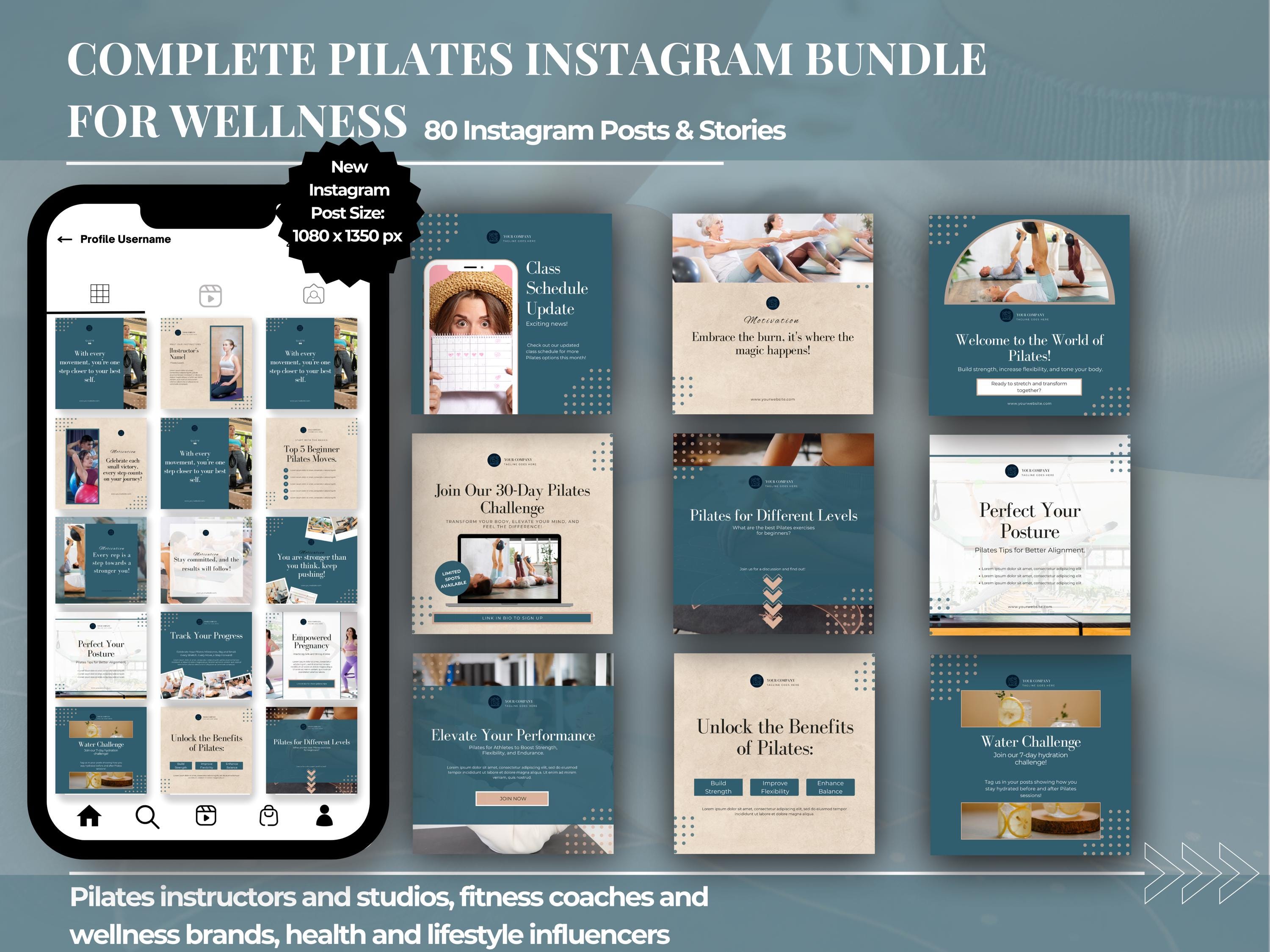 80 Complete Pilates Instagram Bundle for Wellness Brands | Post & Story Social Media Templates + Bonus 4-Week Content Calendar