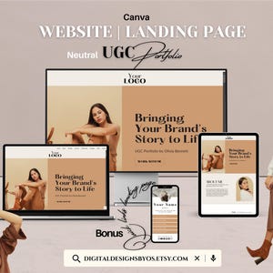 Puede incluir: Una maqueta de página de aterrizaje de sitio web con un esquema de color neutro. La página presenta un encabezado con el texto "Bringing Your Brand's Story to Life" y una llamada a la acción para "Work With Me". La página también incluye una sección de cartera con imágenes de diferentes tipos de contenido. La página está diseñada para ser visualmente atractiva e informativa.