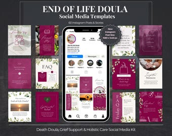 60 End of Life Doula Instagram Canva Templates | Death Doula, Grief Support & Holistic Care Social Media Kit
