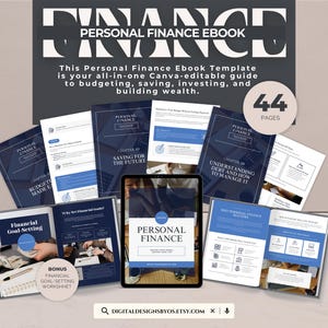 Puede incluir: Un ebook de finanzas personales, titulado "Personal Finance Ebook". La imagen muestra una tableta y varios libros con detalles en azul y blanco. El ebook de 44 páginas trata sobre presupuestos, ahorro, inversión y creación de riqueza. El sitio web es digitaldesignsbyos.etsy.com.