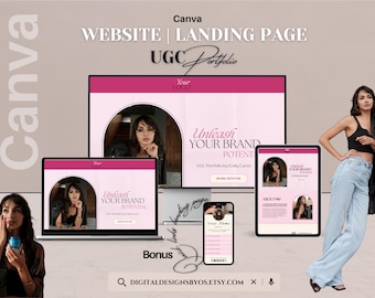 Roze UGC-portfoliocanva-websitesjabloon | Bewerkbare bestemmingspagina voor contentmakers met pagina met bonussnelkoppelingen