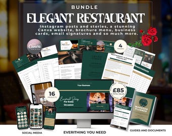 Elegant Restaurant Business Bundle Canva Templates| Hospitality Marketing & Branding Tools