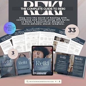 May include: A digital ebook titled "The Complete Guide to Reiki" with a dark gray and white design. The image includes a tablet displaying the ebook, several pages, and three covers. The ebook is Canva-editable and has 33 pages.