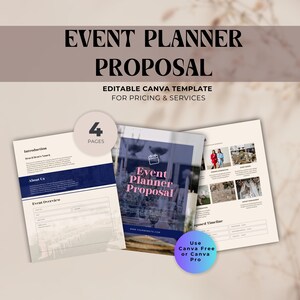 Peut inclure: Un modèle de proposition de planificateur d'événements avec le texte "Event Planner Proposal" en rose et blanc. Le modèle comprend quatre pages, avec des sections pour l'introduction, à propos de nous et aperçu de l'événement. Le modèle est modifiable dans Canva.