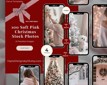100 Soft Pink Christmas Stock Photos | Pastel Holiday Canva Templates | AI Stock Photo Bundle for Creators | PLR & MRR Rights Included