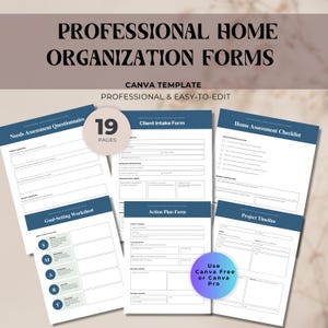 Op de afbeelding: Een verzameling professionele formulieren voor thuisorganisatie. De formulieren omvatten een vragenlijst voor behoefteanalyse, een klantintakeformulier, een werkblad voor doelstellingen, een actieplan, een checklist voor thuisbeoordeling en een projecttijdlijn.