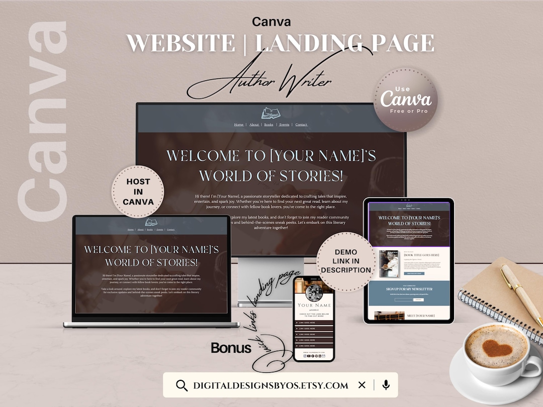 Author Website Template Canva Editable Landing Page for Writers and