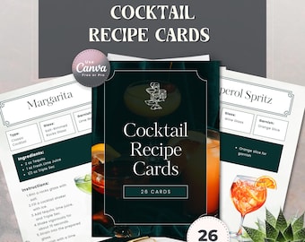 Cocktail Recipe Cards Canva Template | 26 Printable Drink Cards for Parties, Weddings & Home Bartenders