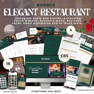 Paquete completo y elegante para negocios de restaurantes: plantillas de Canva, kit de redes sociales, sitio web de Canva y herramientas de marketing y marca para hostelería.